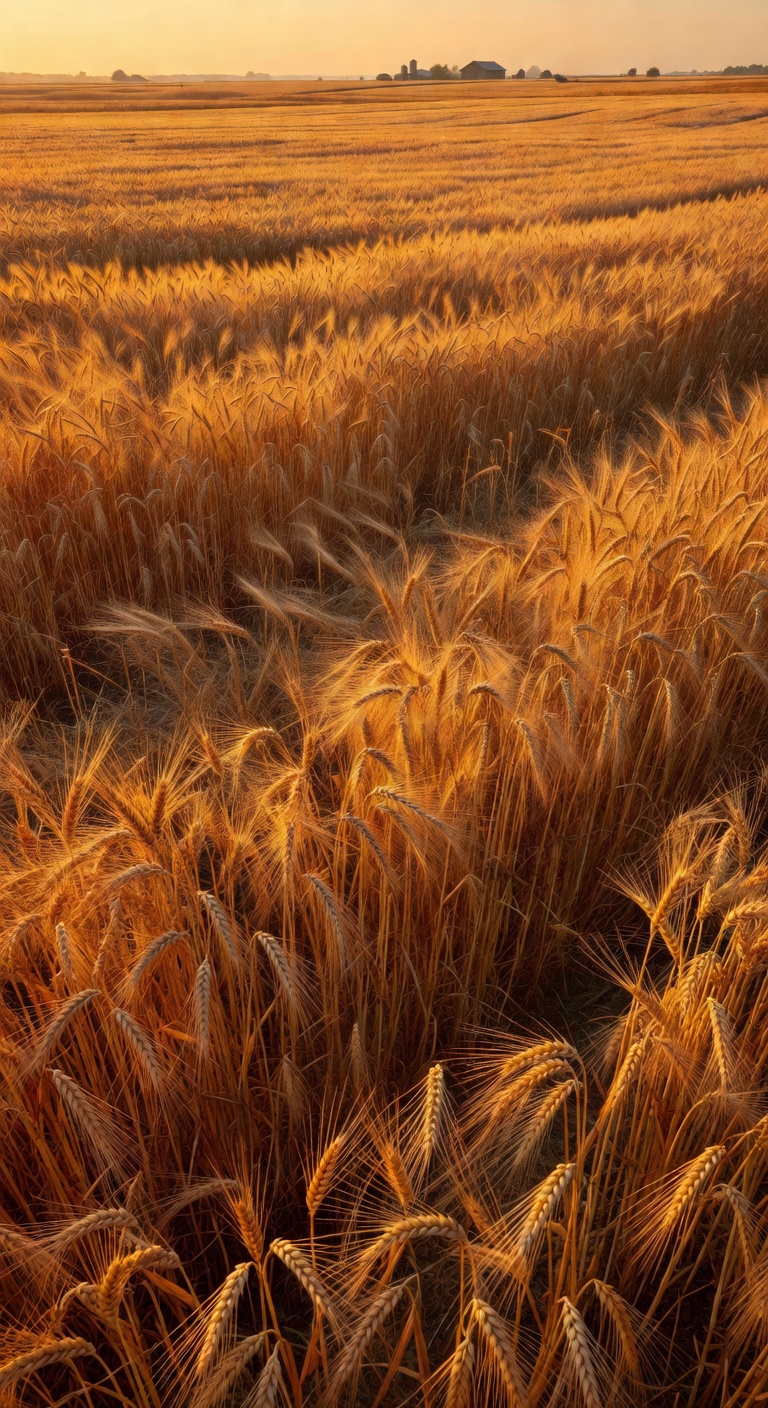 Amber grain fields in golden afternoon light, representing the heritage grain farms Halvorne sources from