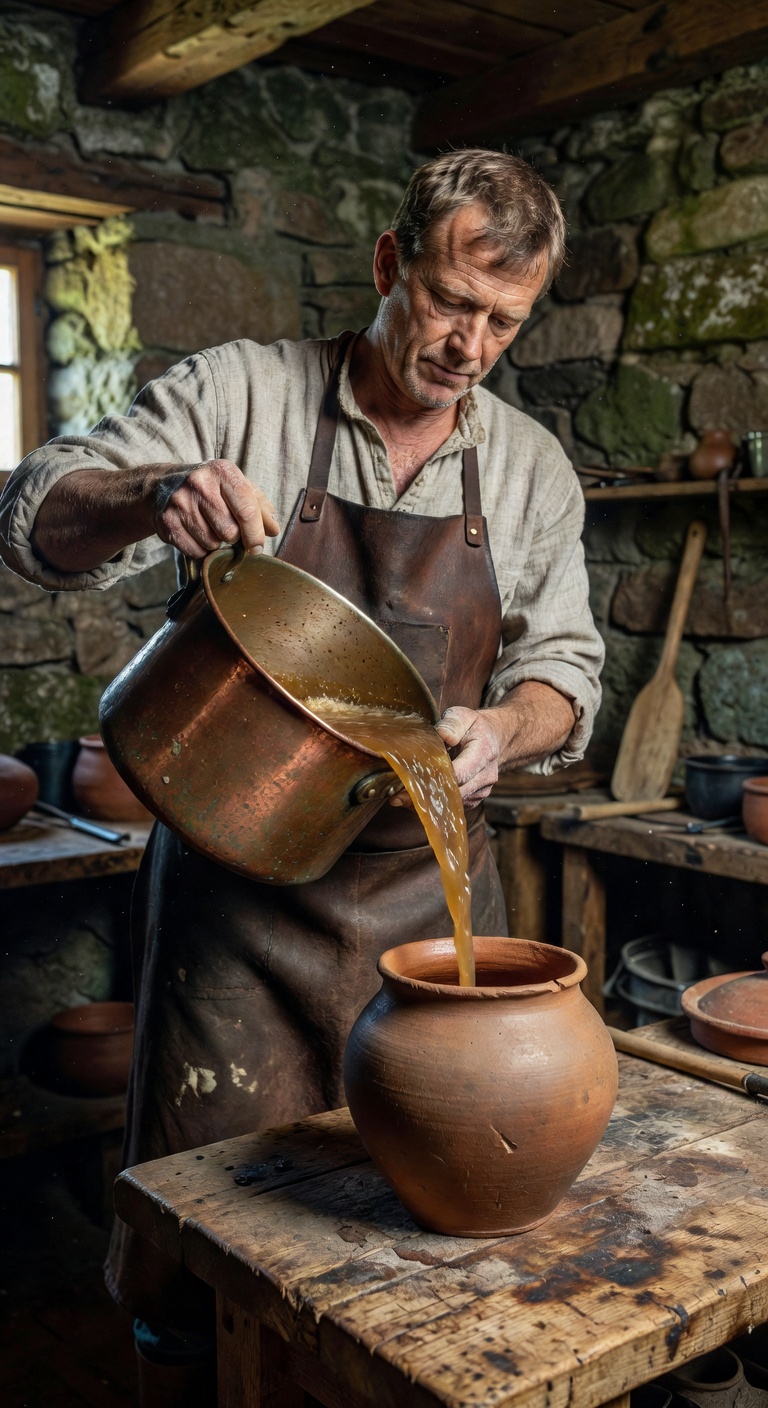 Halvorne artisan grain fermenter pouring a batch of wild-cultured rye tonic into a traditional ceramic vessel
