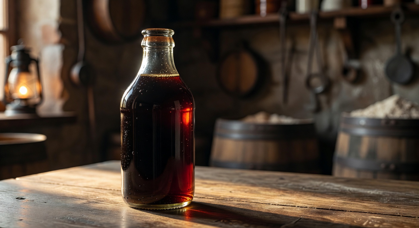 Halvorne dark kvass in an artisan glass bottle with amber liquid catching warm light