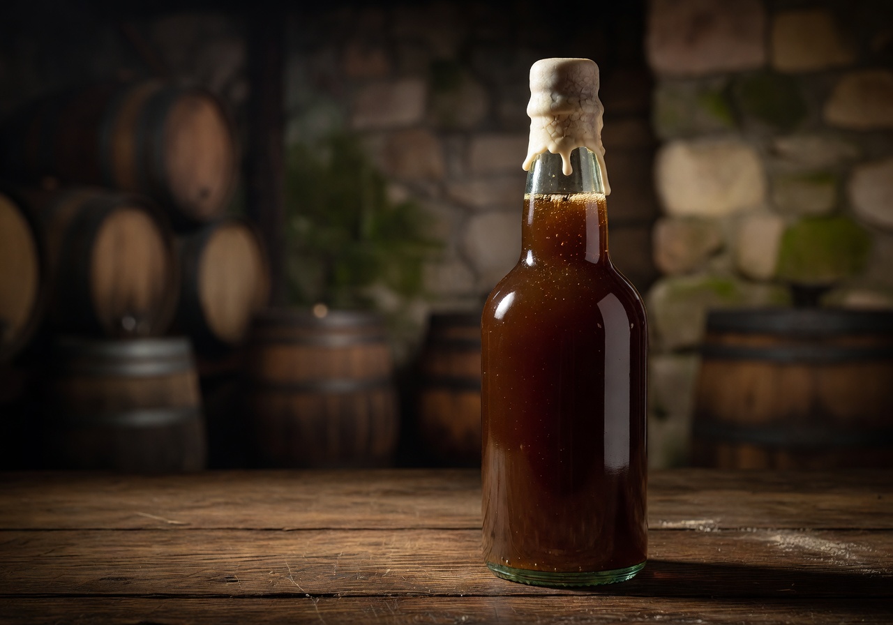 Halvorne Dark Rye Kvass — a rich amber-brown fermented rye beverage in a hand-sealed glass bottle