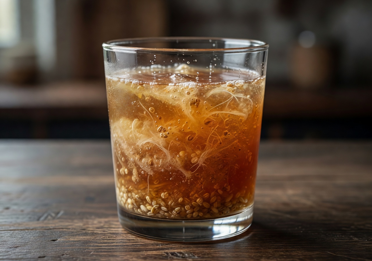 Halvorne Malt Grain Kefir — a cloudy amber fermented barley kefir drink with visible culture activity