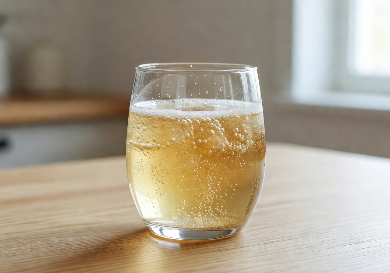Halvorne Spelt Cultured Tonic — a light straw-colored fermented spelt drink with fine bubbles